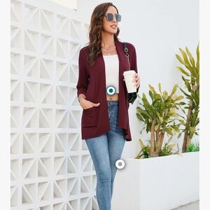 Women's Burgundy Light Weight 3/4 Sleeve Cardigan